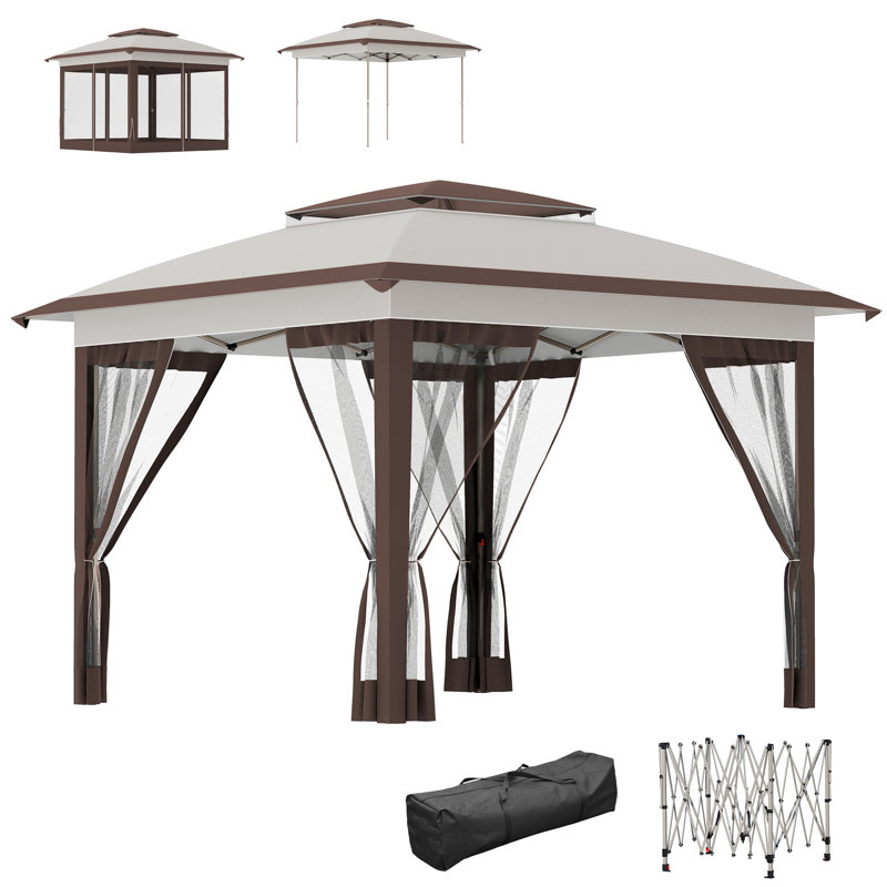 12' x 12' Pop Up Canopy with Mesh Sidewall Netting, Beige, Beige, Beige