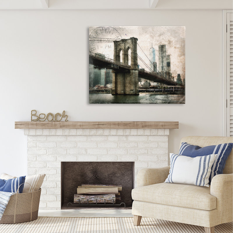 Vintage Brooklyn Bridge par Rhonda Addison, H 36 po x l 48 po x P 1,5 po