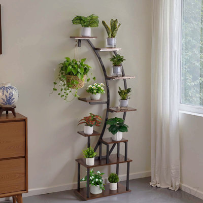 Plant Stand Indoor with Grow Lights, 63 in Tall 9-Tier Lighted Plant Shelf, Metal Corner Plants Holder, 3 Timer & 10 Brightness, Curve-Shaped Flower Display Rack for Living Room Balcony Decor