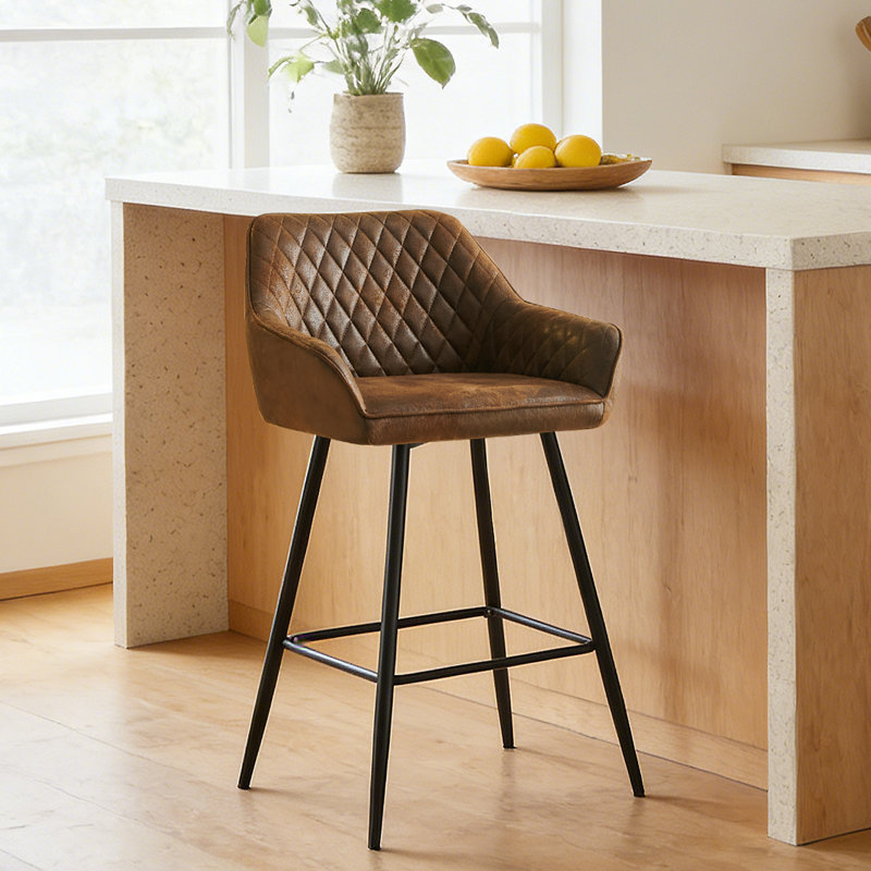 Velvet/Suede Upholstered Bar Stools with Armrests & Diamond Tufting, Suede Brown