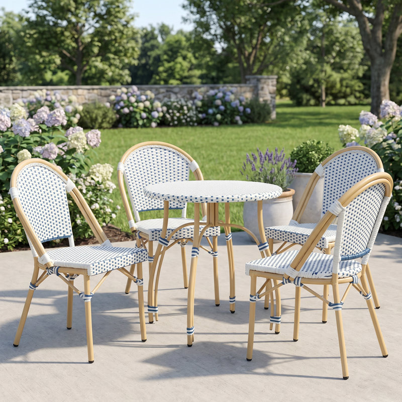 Altesa Modern Dining Set With Round Rattan Dining Table And Rattan Dining Chairs For Dining Room, Patio, Blue