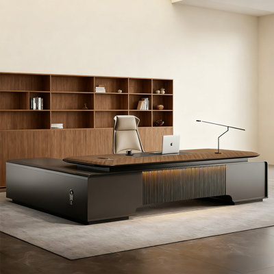 86.61" Light Luxury High-End Executive Office Desk – High-Density Fiberboard & Particleboard Combination, Dual-Side Interchangeable Storage Cabinets, Built-In Cable Box, Grand Executive Desk for Business Office