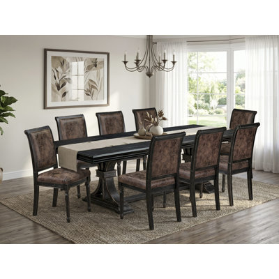 L'ensemble de table de cuisine 9 pièces comprend une table de salle à manger moderne et 8 chaises en cuir de polyuréthane brun texturé avec dossier haut - finition sablée