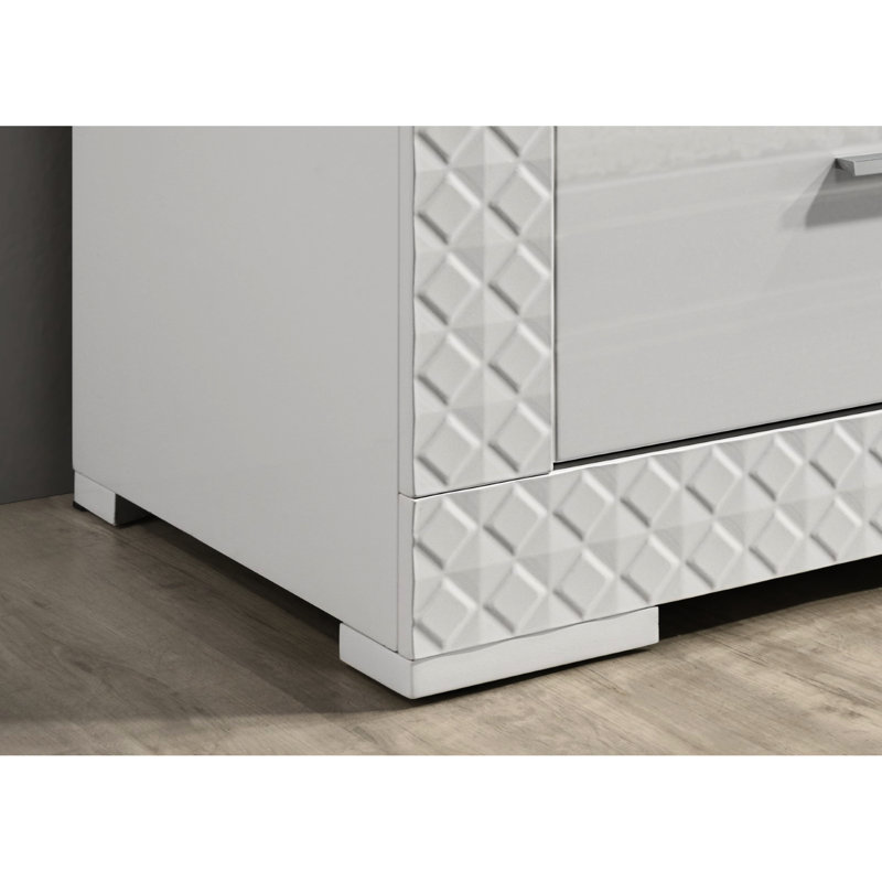 Table de chevet blanche ultrabrillante de style moderne avec 2 tiroirs latéraux en métal, quincaillerie et poignées de bar pour la chambre à coucher