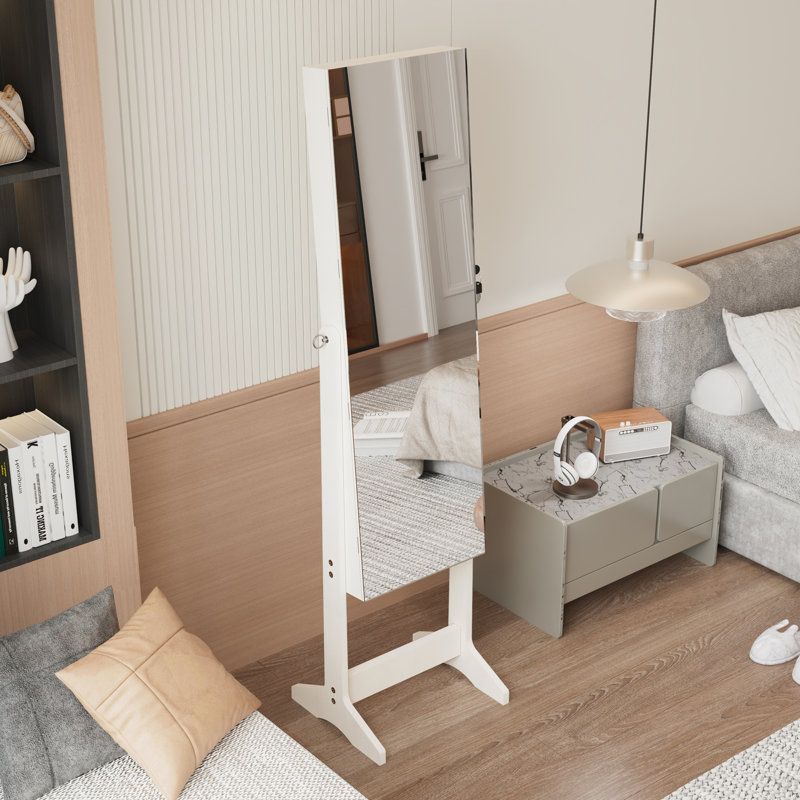 Armoire à bijoux avec miroir pleine grandeur et support, armoire à bijoux, armoire de rangement verrouillable, miroir intérieur éclairé, blanc