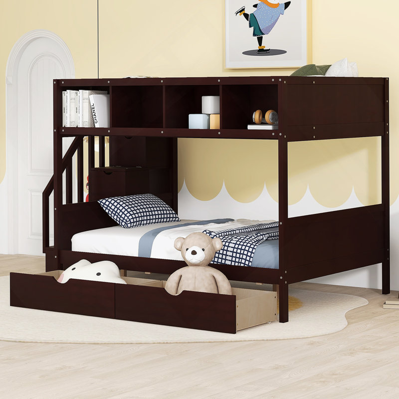 Lit superposé simple au-dessus d'un lit double avec tablettes, escalier de rangement et 2 tiroirs, espresso (VIEUX SKU: LT000228AAP-1)