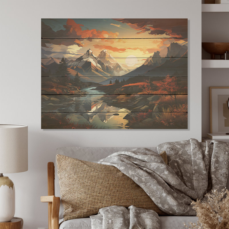 Mountain Sunset Serenity I - montagnes, art sur bois de pin naturel, H 10 po x l 20 po