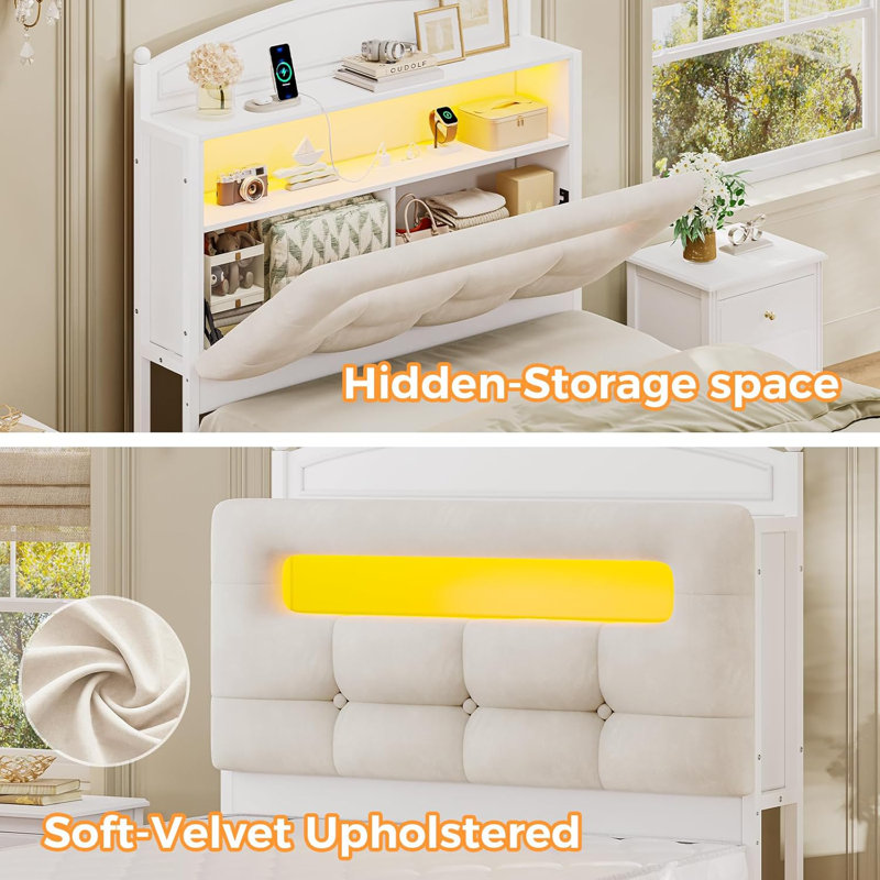 Upholstered Platform Bed Frame With Led Light, Storage Headboard And Footboard, No Box Spring Needed, White, Twin