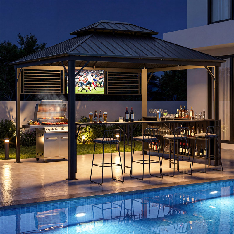 Gazebo en aluminium à deux niveaux (3,66 m de large x 3,05 m de profondeur) avec comptoir de bar et support pour téléviseur