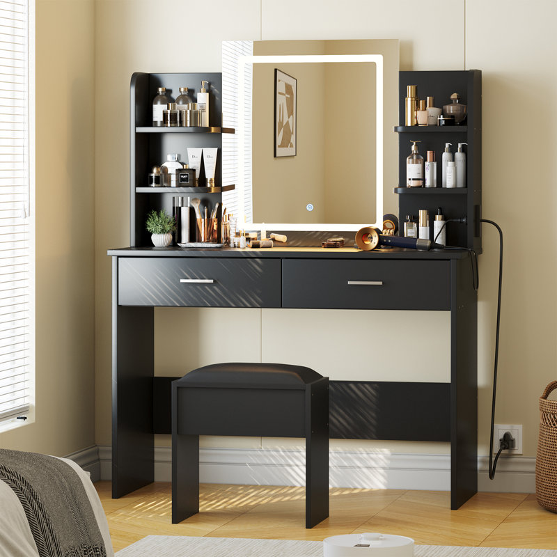 55.9''H Vanity Desk With Lighted Mirror, Makeup Vanity Set With Power Outlet, 6 Storage Shelves, 2 Large Drawers And 3 Color Light Adjustable Brightness
