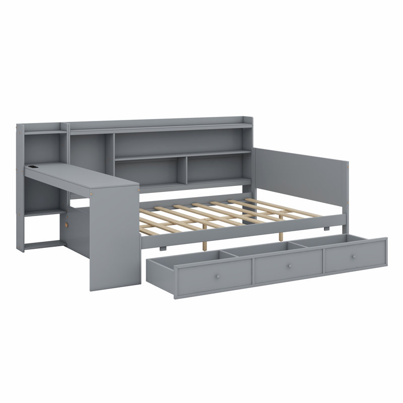 Wooden Daybed With 3 Drawers,USB Ports And Desk, Gray