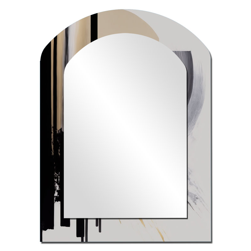 Noir, blanc et doré Expression IV - miroir arqué abstrait, miroir mural noir asymétrique unique, impression d'art en métal