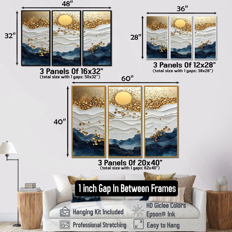 Blue Waves Heights Golden Coastal II - ensemble d'art mural côtier, Toile avec cadre flottant noir