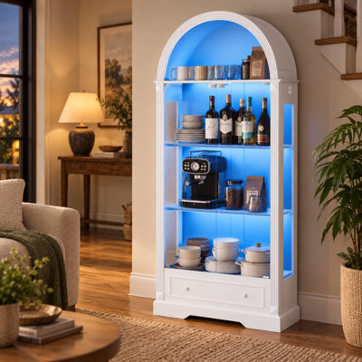 Vitrine blanche cintrée, meuble de rangement de 182 cm de haut avec portes en verre trempé, bandes lumineuses DEL et tiroirs pour cuisine, salon et salle à manger
