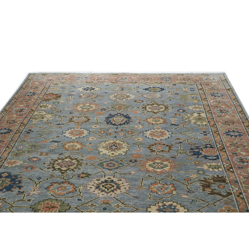 Tapis bleu en laine noué à la main 10 pi 1 po x 13 pi 11 po Oushak, Bleu brun, Rectangulaire 10 pi 1 po x 13 pi 11 po