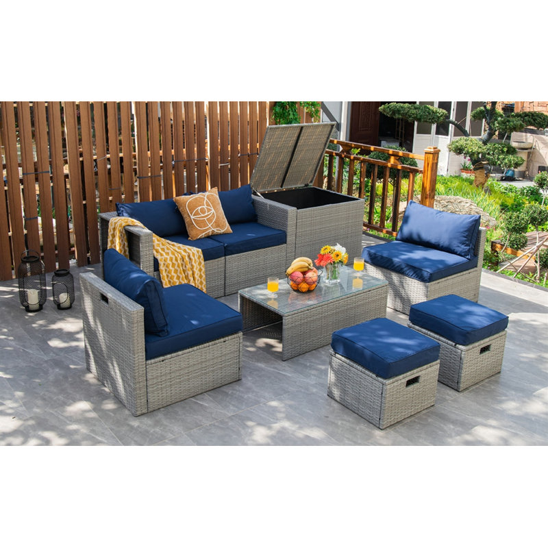 Ensemble de conversation avec canapé et coussins 8 pièces Aleshka, Gris, Bleu marine