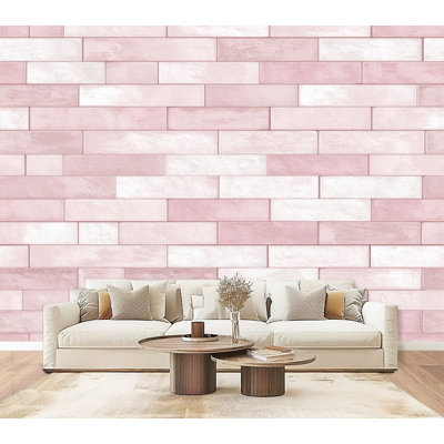 Papier peint adhésif mural rétro en briques roses et blanches rétro H 69 po x l 96 po, papier peint amovible en PVC auto-adhésif pour chambre à coucher, bureau à domicile