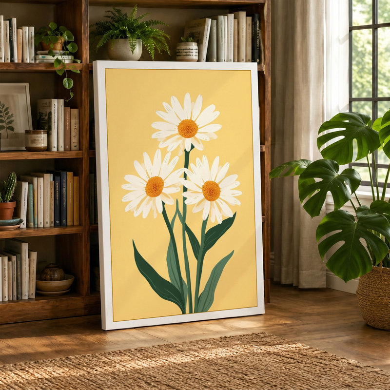 Golden Daisy Trio Botanical - Wrapped Canvas, 18x12 - 45.7 x 30.5 cm, Taupe Border
