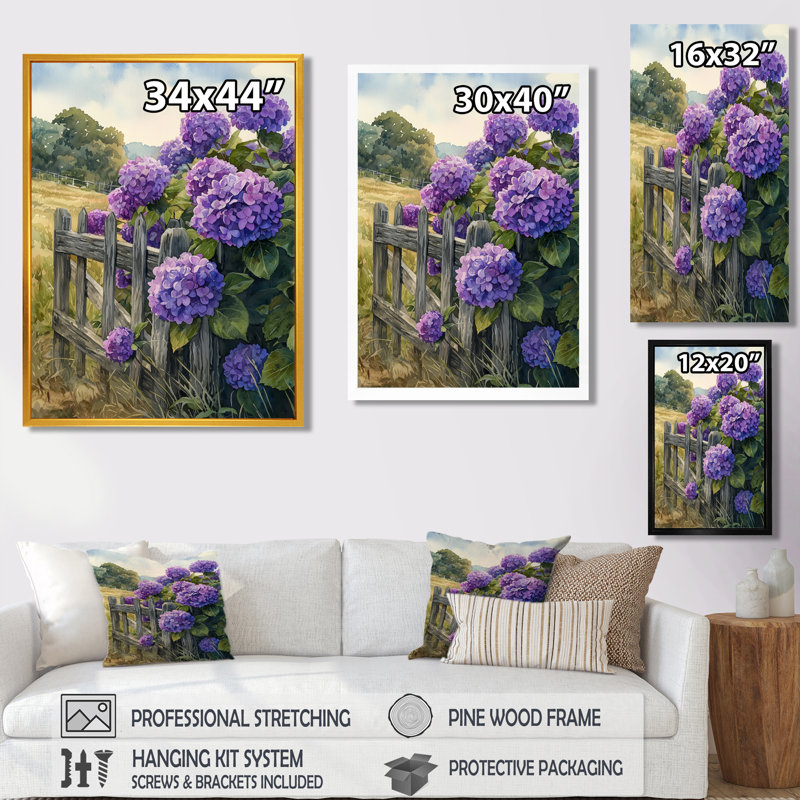 Canterbury Summer Hydrangeas By The Farm Fence IV - Hydrangea Wall Art, H 20 po x l 12 po, Reproduction avec cadre flottant