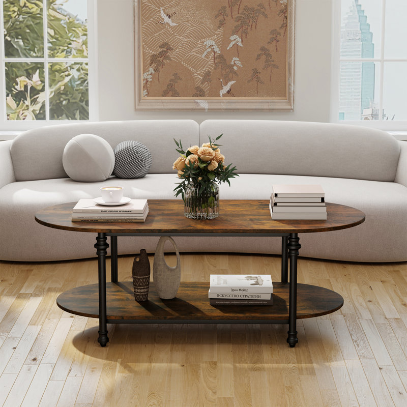 Table basse ovale, table de rangement rustique en bois à 2 niveaux avec pieds en métal, table centrale rétro-moderne