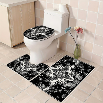 Black White Mandala Print Set of 3 Bathroom Rug Collection Black