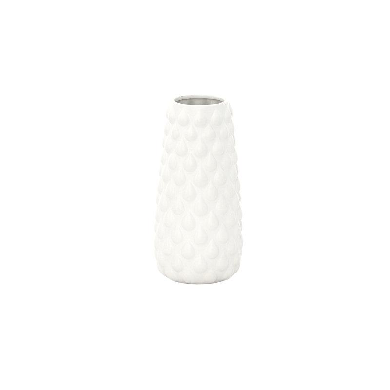 Vase rond en céramique avec motif de gouttes d'eau embossées et corps évasé au fini mat blanc mat H 10,00 po