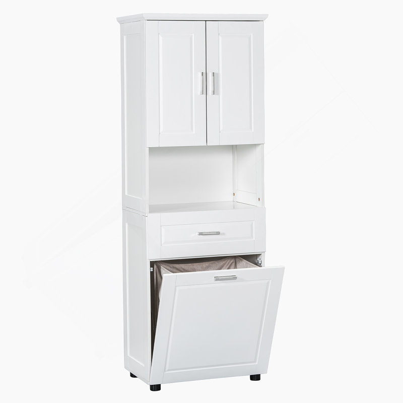 Grande armoire de salle de bain avec panier à linge, grand espace de rangement, Blanc