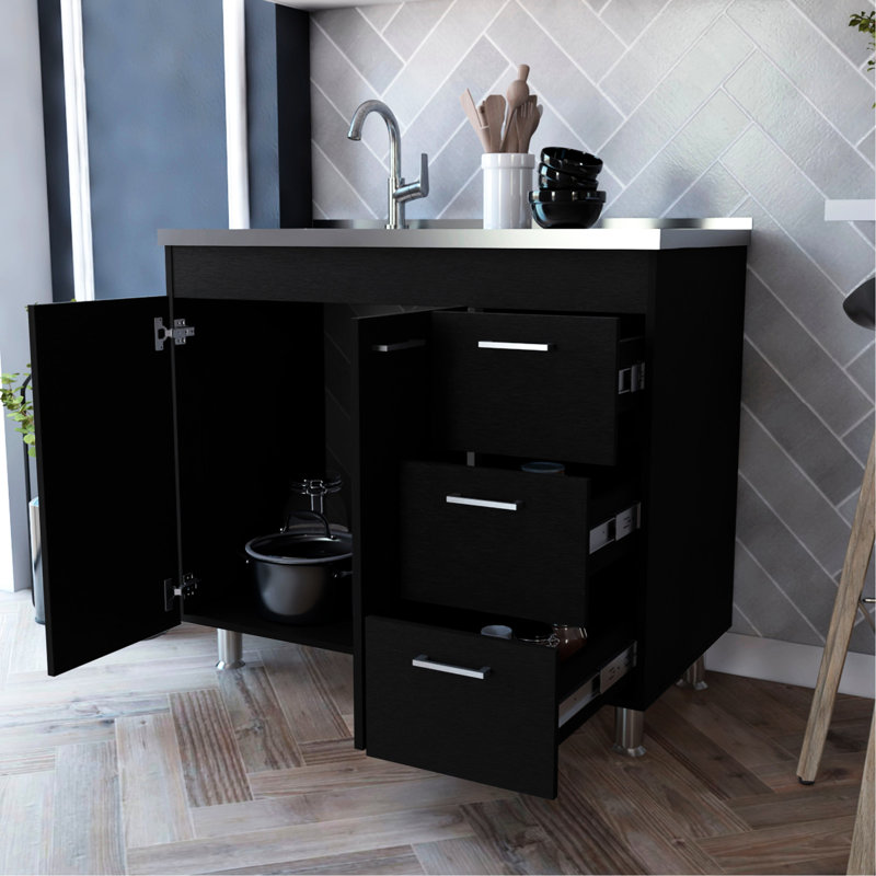 Armoire de cuisine noire avec 3 compartiments de tiroir et 2 portes - Tiroirs maximisant l'espace pour un rangement pratique