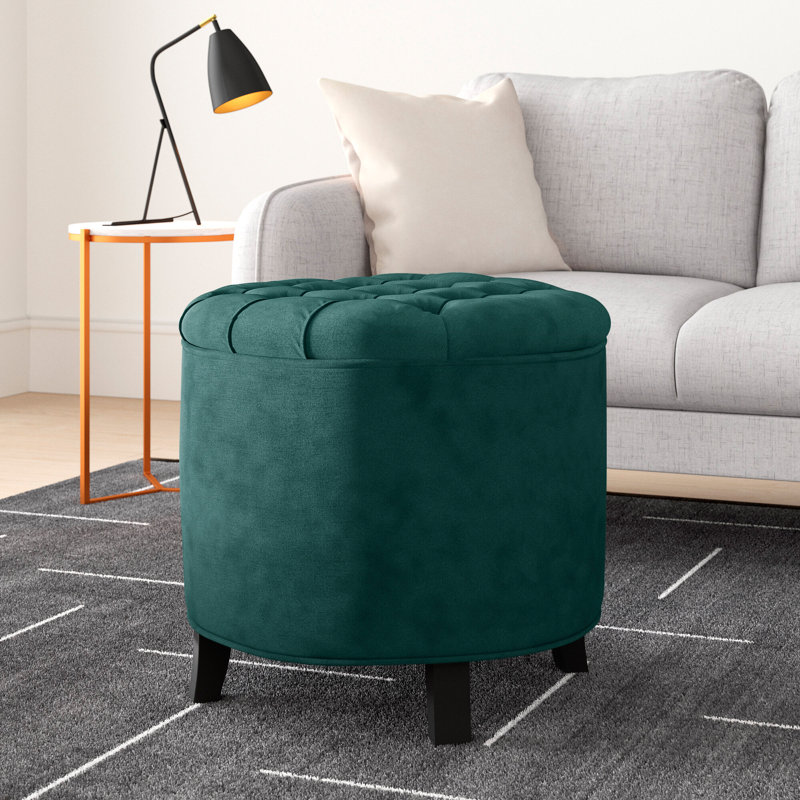 Alethea Velvet Tufted Round Solid Colour Ottoman with Storage, Marine