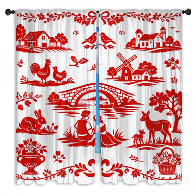Rideaux de fenêtre rouge pastorale diaphane et obscurcissant - 2 panneaux