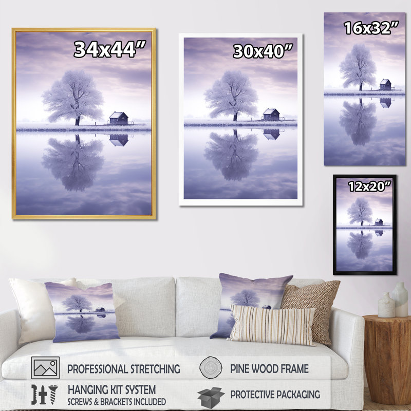 Paysage d'hiver mauve au bord du lac - reproduction sur toile, Cadre naturel flottant, H 40 po x l 30 po