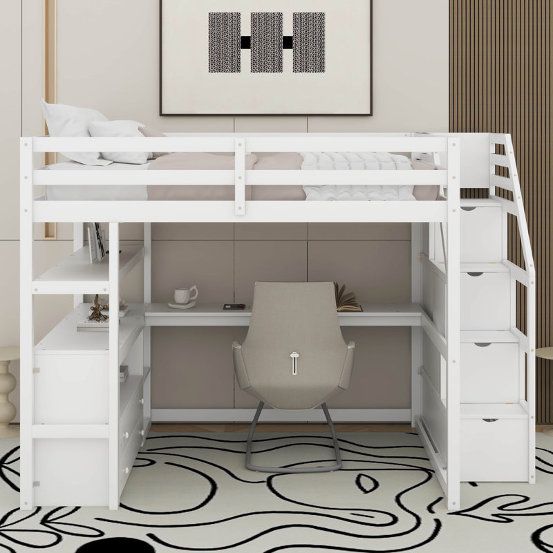 Lit mezzanine double avec bureau et tablettes, deux tiroirs intégrés, escalier de rangement, Blanc