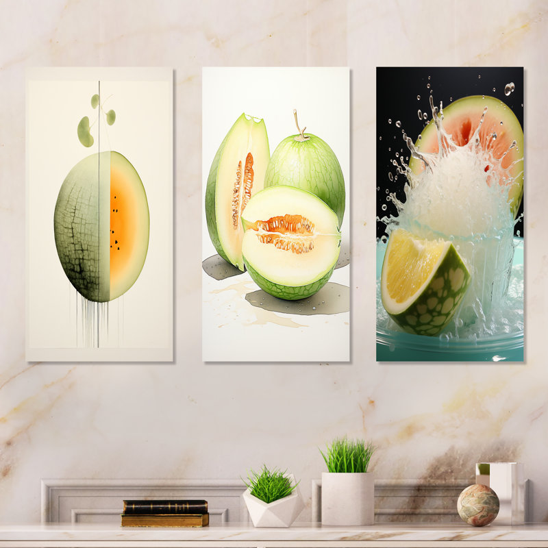 Minimaliste Cantelope Essence I - Melon, ensemble de 3 toiles murales, H 28 po x l 36 po, Toile tendue