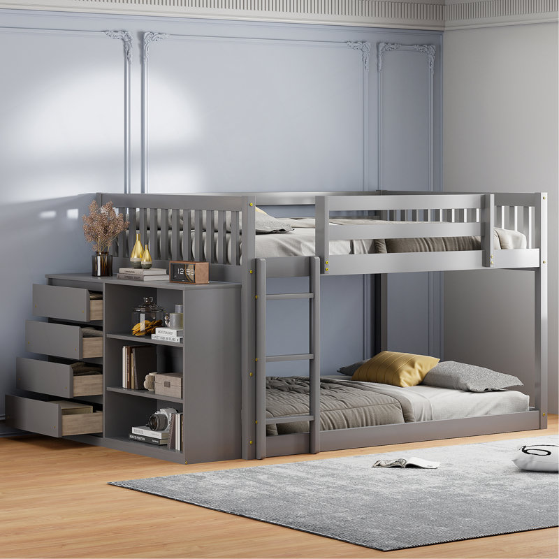 Lit superposé double avec 4 tiroirs et 3 tablettes, Gris