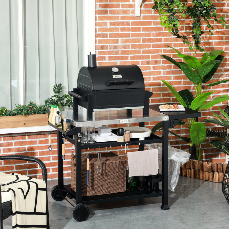 Chariot de service portatif extérieur, 46 po x 21,75 po, acier inoxydable, table d'appoint pliable, présentoir noir