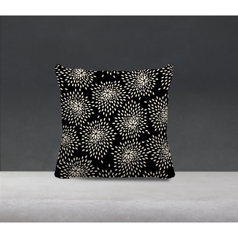 Coussin décoratif intérieur / extérieur en polyester filé floral Bavière, H 15 po x l 15 po, Noir/crème