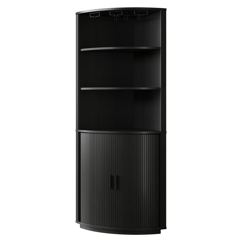 72.5" Tall Corner Bar Cabinet With Led Lights, Wine Storage Cabinet Liquor Stand With Tambour Sliding Doors & Shelves, Black