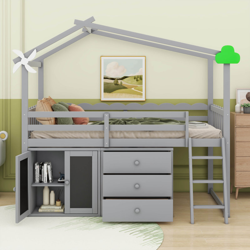 Lit simple avec armoire et tiroirs, Grey, Lit simple