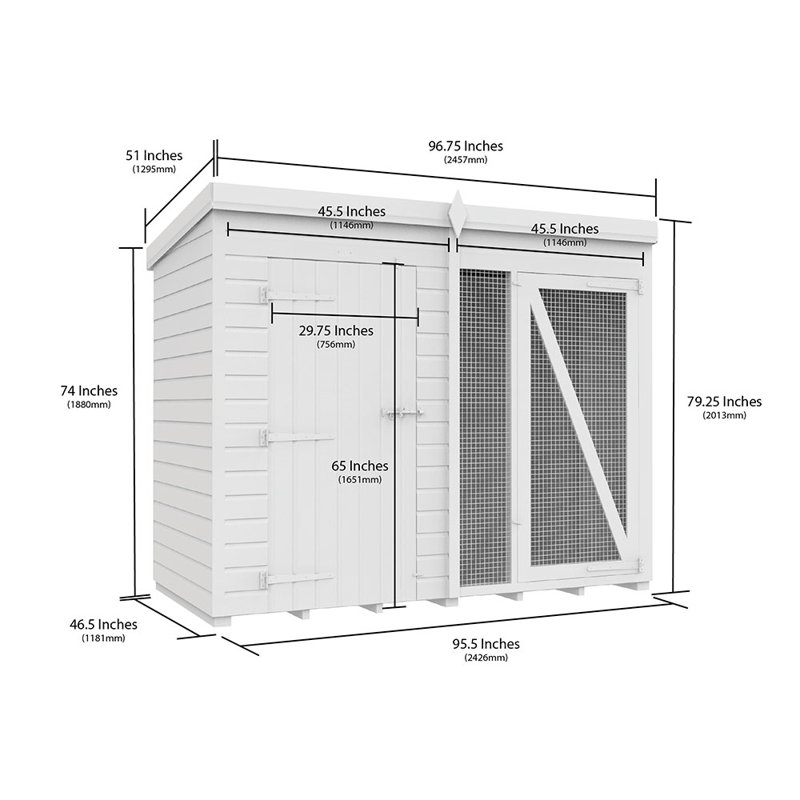 Dog Kennel and Run Full Height, 201cm H x 243cm W x 118cm D