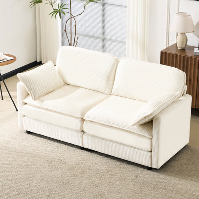 Modulaire à 2 places avec revêtement en velours côtelé beige de 69,78 po de profondeur, structure en bois, confort en nuage, convient à un aménagement modulaire idéal pour la vie en appartement