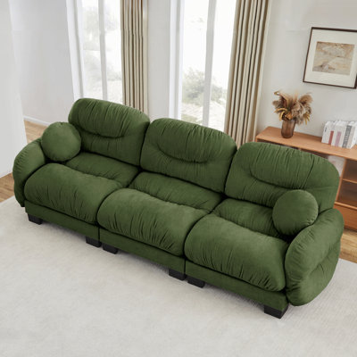 Pleated Design Cozy Chenille Fabric 3 Seater Modular Sofa With High-Density Ergonomic Foam Seat, Curved Round Armrests And 2 Round Throw Pillows