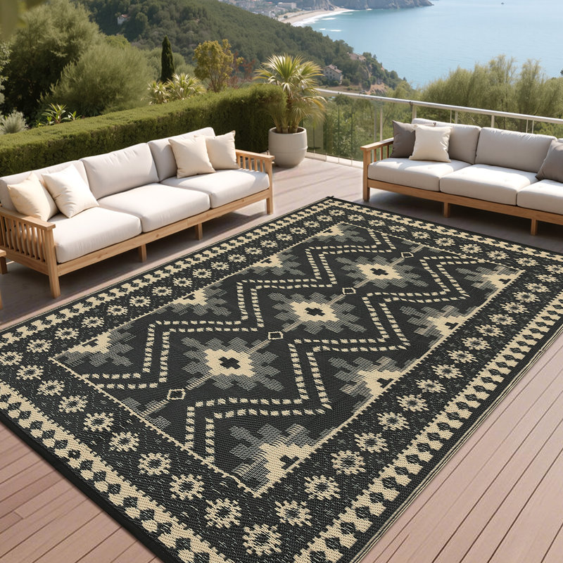 Waterproof Reversible Outdoor Rug Vintage Diamond Design Plastic Straw Mat Durable Easy Clean Carpet for Patio, Deck, Balcony, RV, Camping, Picnic