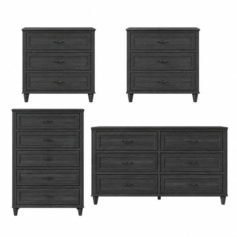 4-Piece Bedroom Set, Two 3-Drawer Dressers, 5-Drawer Chest and 6-Drawer Dresser with Interlocking Drawer System, Charcoal
