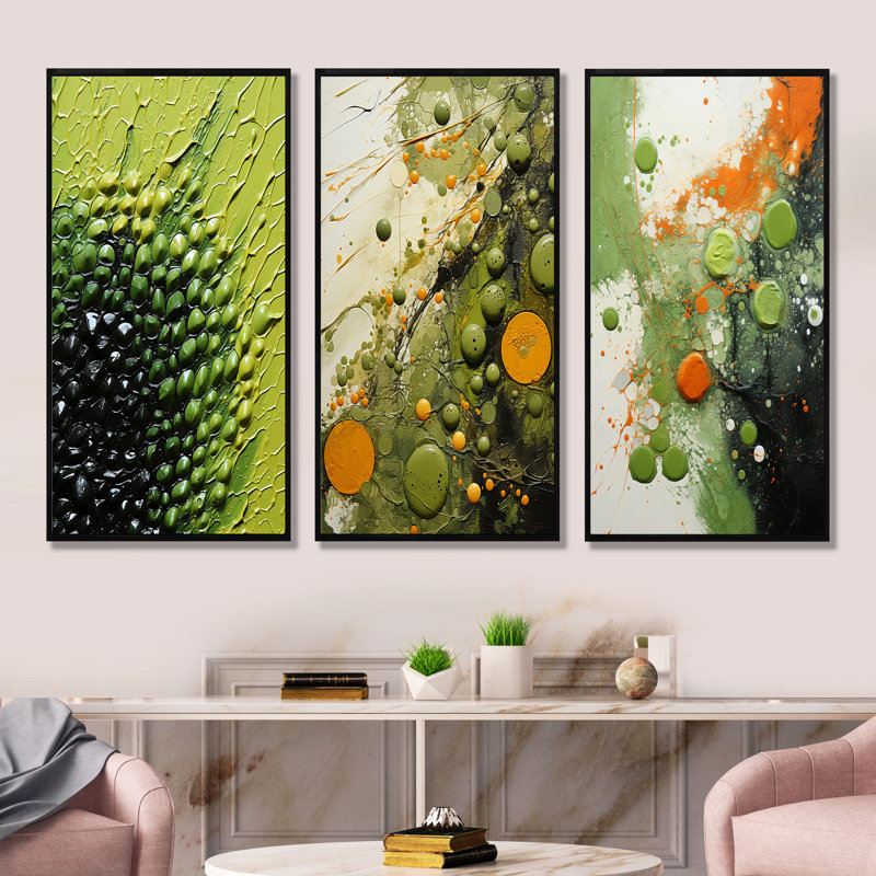 Ensemble de 3 reproductions d'art sur toile vert et jaune, Cadre flottant noir, H 28 po x l 36 po