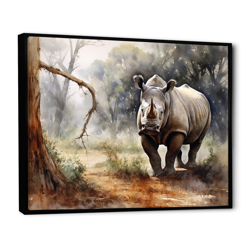 Wild Rhinoceros III - Reproduction d'art mural animaux, Cadre flottant noir, H 16 po x l 32 po x P 1 po