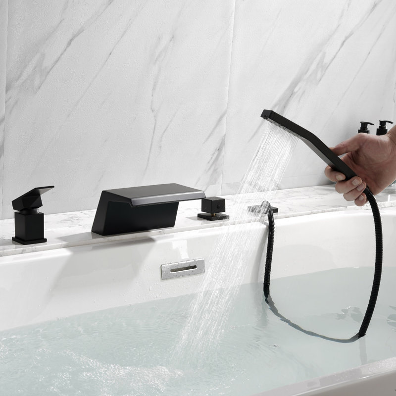 2 Handle Deck Waterfall Faucet with Diverter, Matte Black