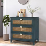 Commode décorative à 3 tiroirs Chusé, commode en rotin, armoire de rangement avec poignées en métal