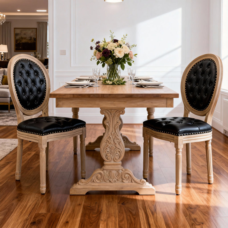 19.7" H French Upholstered Dining Chairs, Mid Century Tufted Nailhead Solid Wood PU Side Chair Farmhouse Round Back