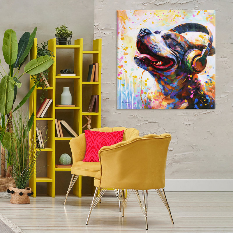 «Happy Dog & Headphones», art mural sur toile par Leon Devenice, H 36 po x l 36 po