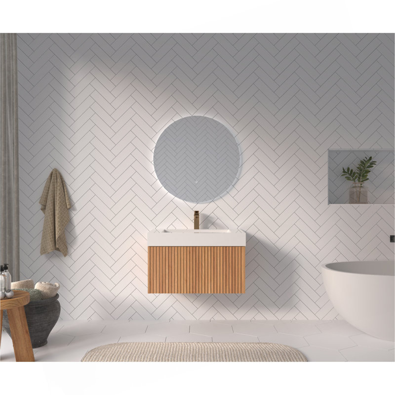 Meuble-lavabo mural de 30 po avec lavabo, armoire de salle de bain flottante murale avec finition en contreplaqué intégré de conception minimaliste moderne pour salle de bain compacte couleur acacia
